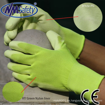 NMSAFETY antiestático calibre 13 de punto Hi-vis verde palma de nylon recubierto de guante blanco de la PU